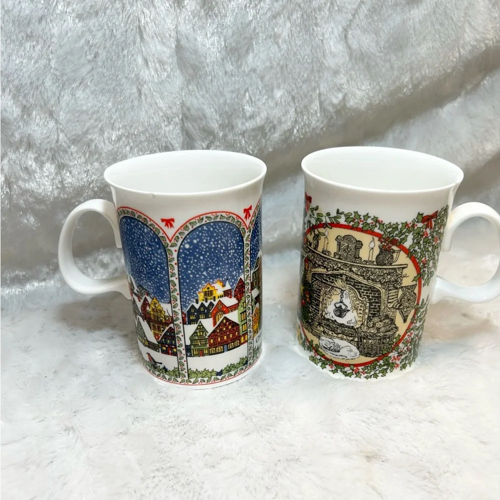 (2) DUNOON CERAMICS CHRISTMAS COFFEE MUGS CUPS SUE SCULLARD BONE CHINA ENGLAND